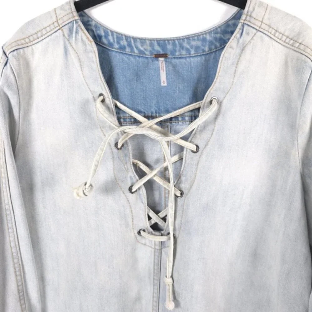 Free People Denim Pullover Neopolitan Dreams Blue Sky Surfer Hippie Lace‎ Up S/P